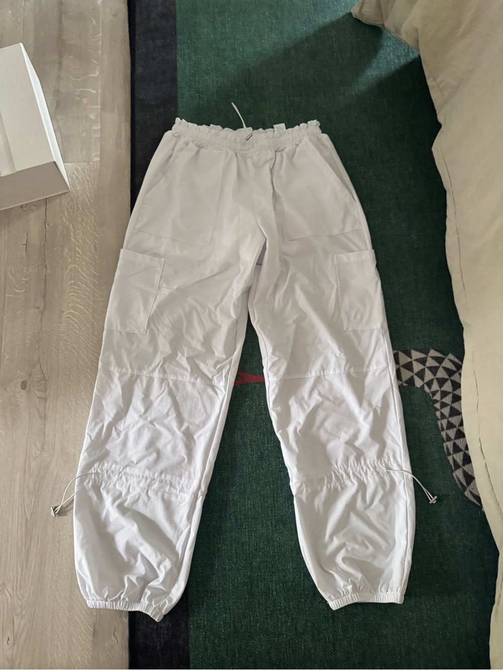 White Cargo Jogger Pants - Elastic Waist & Drawstring